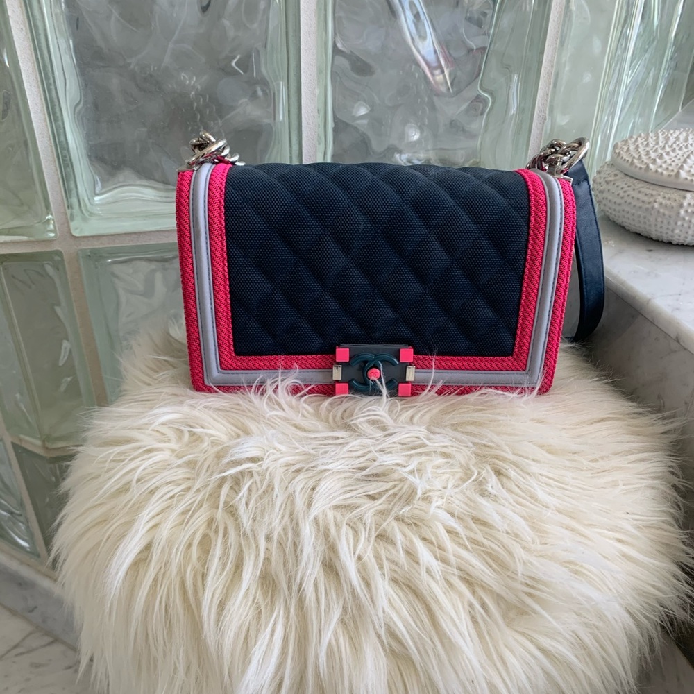 CHANEL Canvas Medium Boy Flap Dark Navy Fuchsia